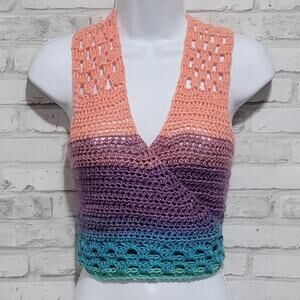 Handmade Crochet Rainbow Summer Halter Wrap Crop Top Mesh